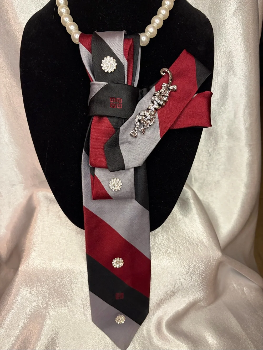 Givenchy Elegant Burgundy, Gray & Black Striped Necklace Tie with Rhinestone
